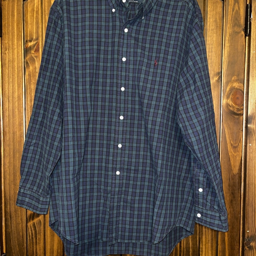 Ralph Lauren Navy Green Plaid Shirt Button Down Long Sleeve Mens Large Blake